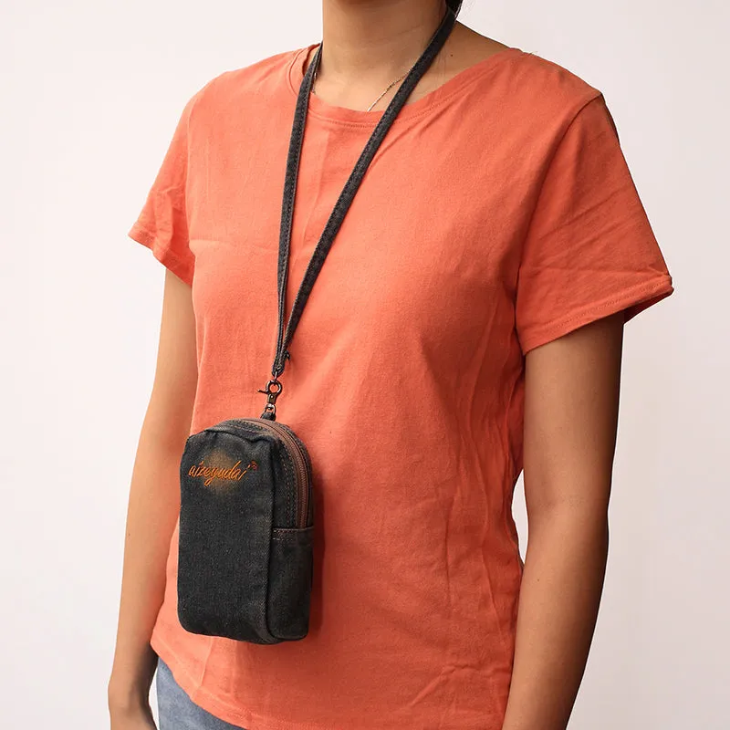Vintage Womens Black Denim Mini Pouch with Wristlet Denim Small Phone Purse for Women
