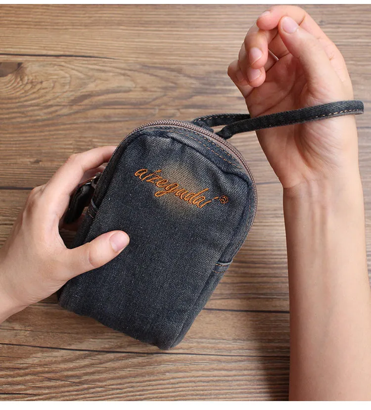 Vintage Womens Black Denim Mini Pouch with Wristlet Denim Small Phone Purse for Women