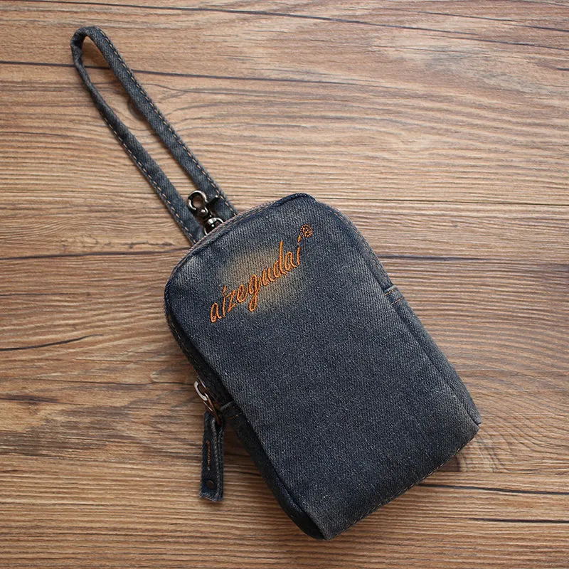 Vintage Womens Black Denim Mini Pouch with Wristlet Denim Small Phone Purse for Women