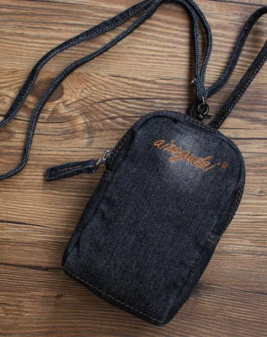 Vintage Womens Black Denim Mini Pouch with Wristlet Denim Small Phone Purse for Women