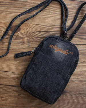 Vintage Womens Black Denim Mini Pouch with Wristlet Denim Small Phone Purse for Women
