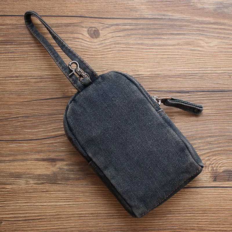 Vintage Womens Black Denim Mini Pouch with Wristlet Denim Small Phone Purse for Women