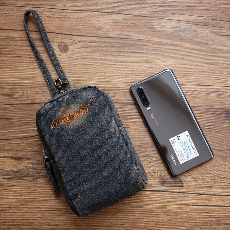 Vintage Womens Black Denim Mini Pouch with Wristlet Denim Small Phone Purse for Women