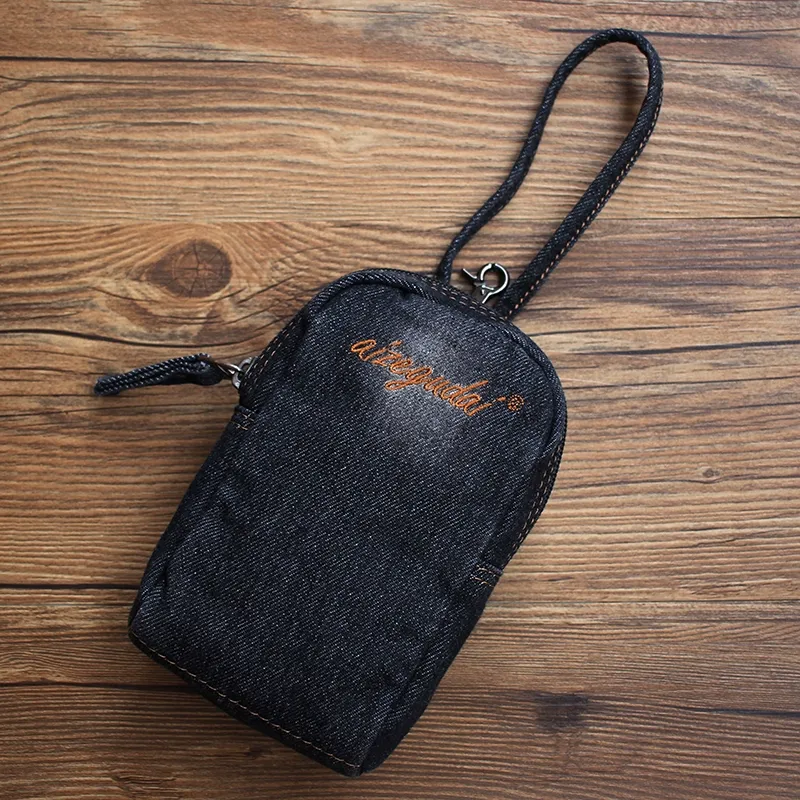 Vintage Womens Black Denim Mini Pouch with Wristlet Denim Small Phone Purse for Women