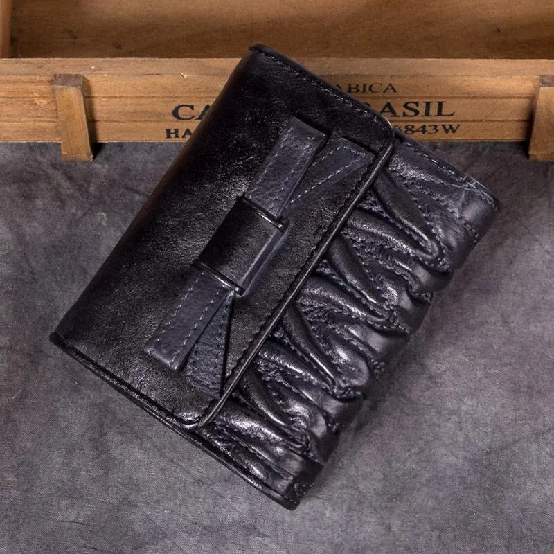 Vintage Womens Black Leather Bowknot Cute Small Blue Wallet Trifold billfold Wallet for Ladies