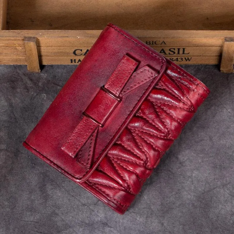 Vintage Womens Black Leather Bowknot Cute Small Blue Wallet Trifold billfold Wallet for Ladies