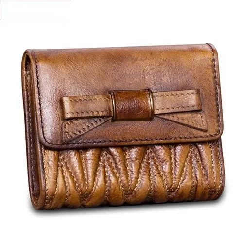 Vintage Womens Black Leather Bowknot Cute Small Blue Wallet Trifold billfold Wallet for Ladies