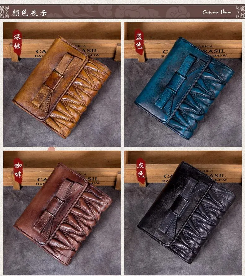Vintage Womens Black Leather Bowknot Cute Small Blue Wallet Trifold billfold Wallet for Ladies