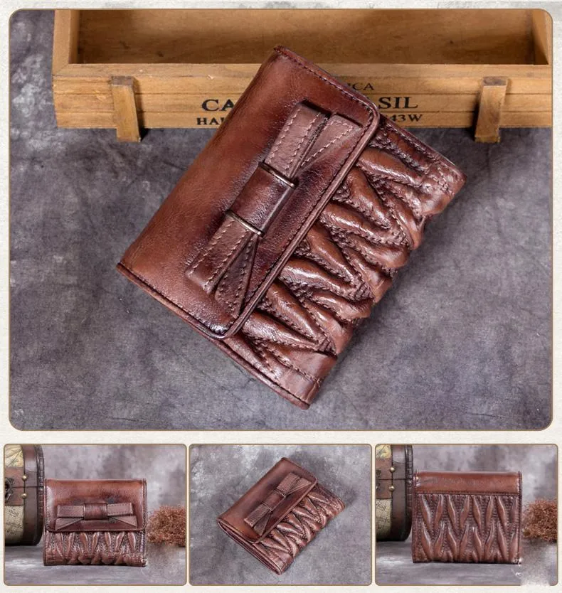 Vintage Womens Black Leather Bowknot Cute Small Blue Wallet Trifold billfold Wallet for Ladies