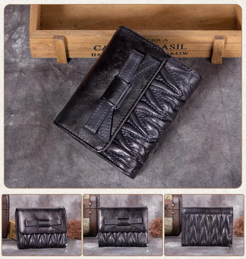 Vintage Womens Black Leather Bowknot Cute Small Blue Wallet Trifold billfold Wallet for Ladies