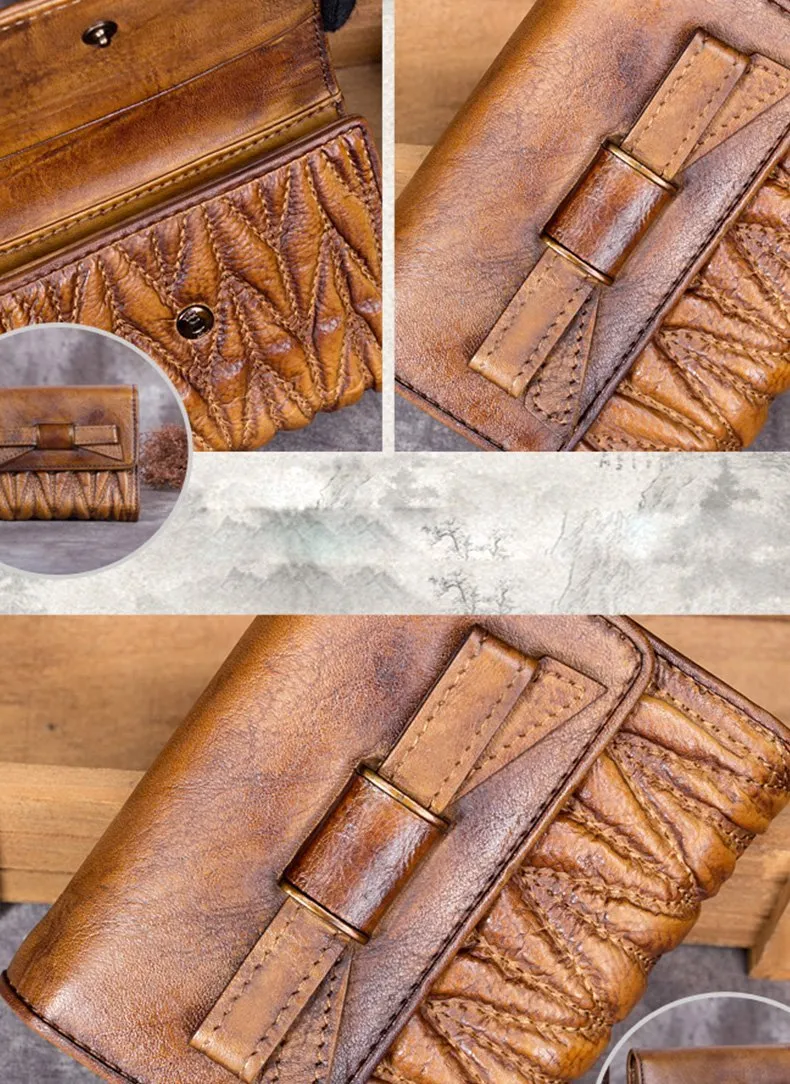 Vintage Womens Brown Leather Bowknot Cute Small Blue Wallet Trifold billfold Wallet for Ladies