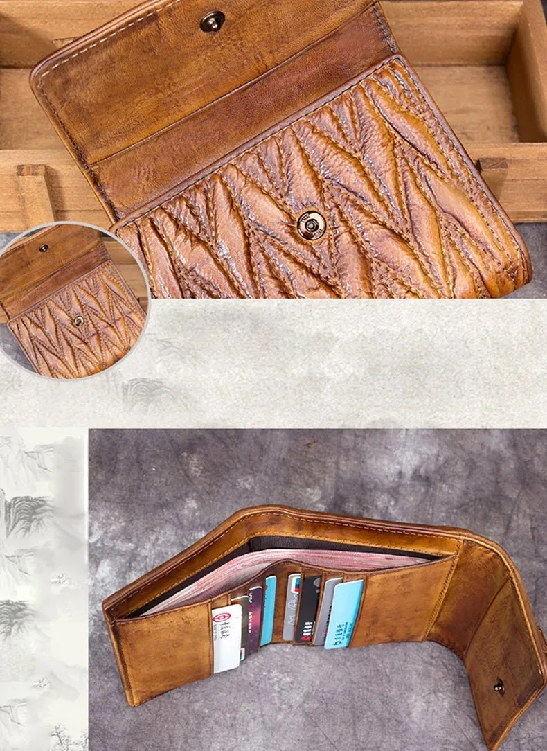 Vintage Womens Brown Leather Bowknot Cute Small Blue Wallet Trifold billfold Wallet for Ladies