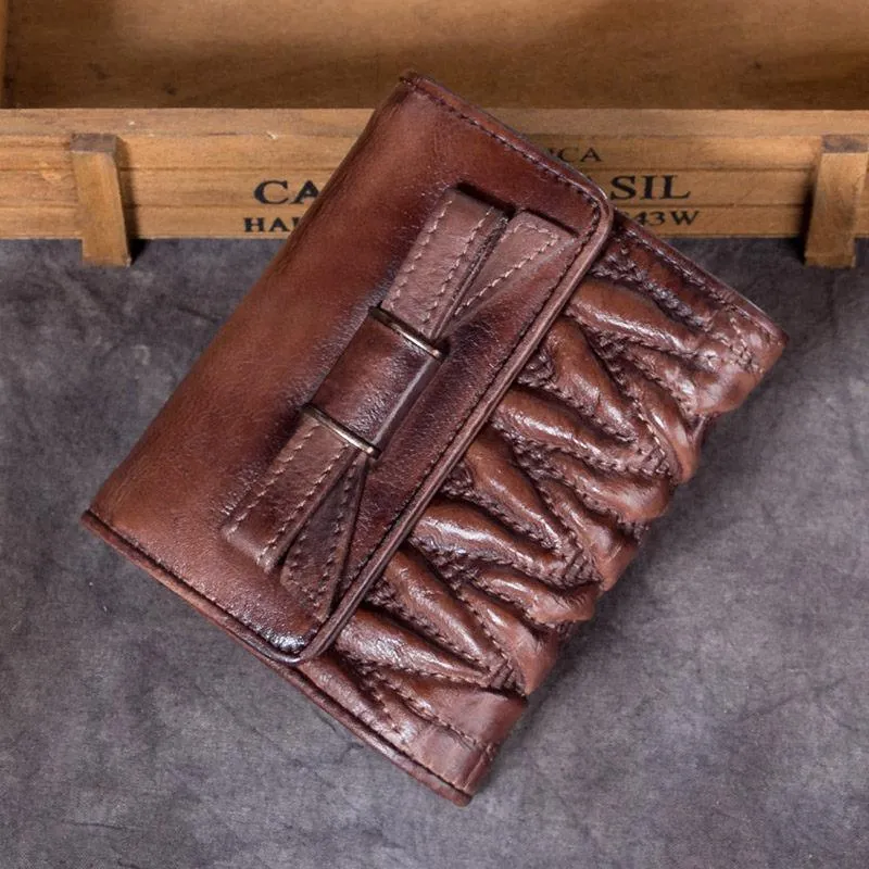Vintage Womens Brown Leather Bowknot Cute Small Blue Wallet Trifold billfold Wallet for Ladies