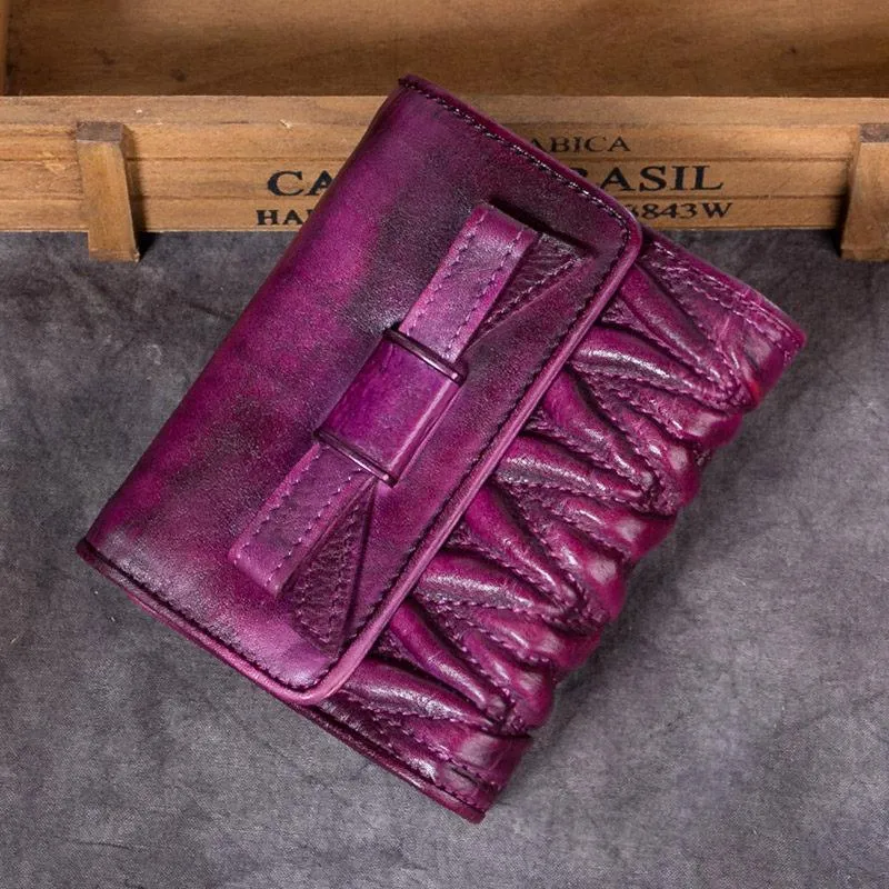 Vintage Womens Brown Leather Bowknot Cute Small Blue Wallet Trifold billfold Wallet for Ladies