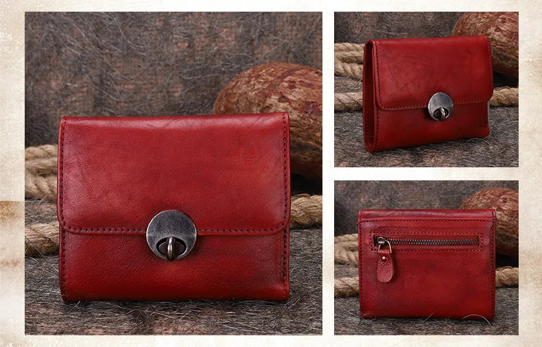 Vintage Womens Brown Leather Small Trifold Wallet billfold Wallet Purse for Ladies