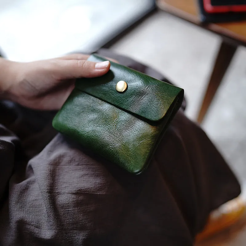 Vintage Womens Green Leather Billfold Wallet Small Wallet with Coin Pocket Mini Envelope Wallet for Ladies