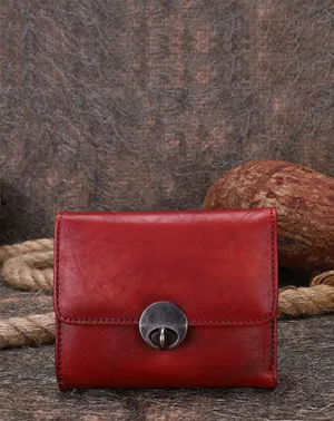 Vintage Womens Red Leather Small Trifold Wallet billfold Wallet Purse for Ladies