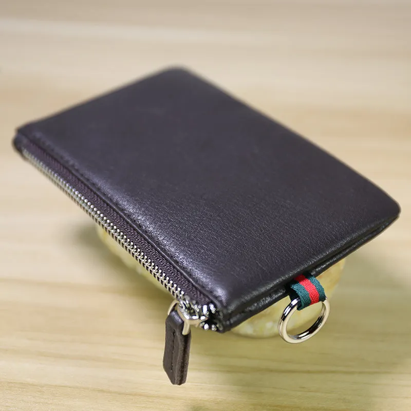 Women Black Coffee Leather Mini Zip Wallet with Keychain Billfold Slim Coin Wallet Small Zip Change Wallet For Women