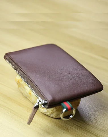 Women Black Coffee Leather Mini Zip Wallet with Keychain Billfold Slim Coin Wallet Small Zip Change Wallet For Women