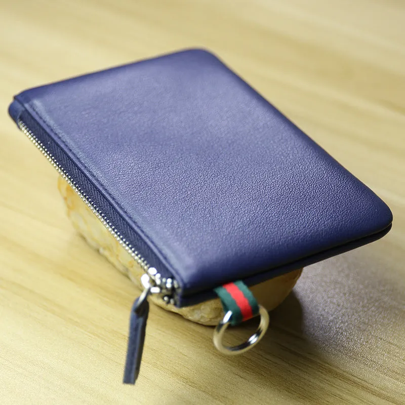Women Black Coffee Leather Mini Zip Wallet with Keychain Billfold Slim Coin Wallet Small Zip Change Wallet For Women
