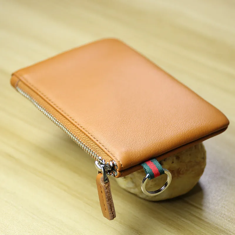 Women Black Coffee Leather Mini Zip Wallet with Keychain Billfold Slim Coin Wallet Small Zip Change Wallet For Women