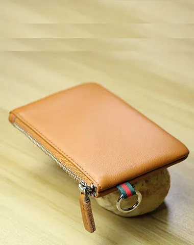 Women Black Coffee Leather Mini Zip Wallet with Keychain Billfold Slim Coin Wallet Small Zip Change Wallet For Women