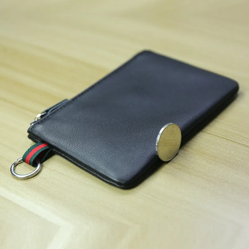 Women Black Leather Mini Zip Wallet with Keychain Billfold Slim Coin Wallet Small Zip Change Wallet For Women