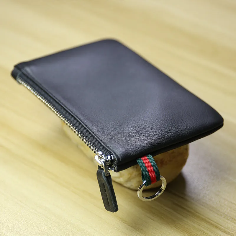 Women Black Leather Mini Zip Wallet with Keychain Billfold Slim Coin Wallet Small Zip Change Wallet For Women