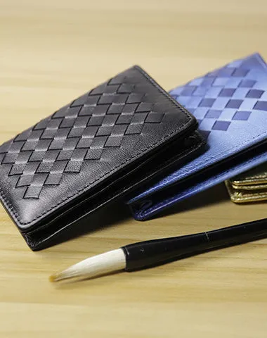 Women Blue Braided Leather Billfold Wallet Small Wallets Bifold Wallets For Women