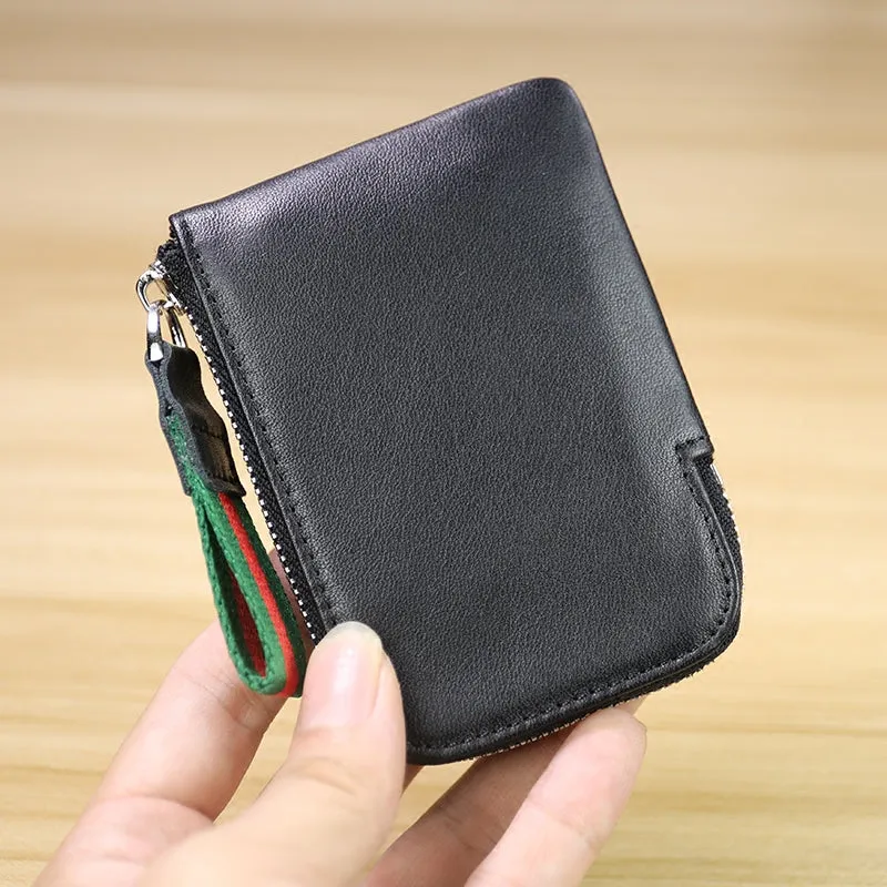 Women Leather Mini Zip Wallet Navy Billfold Slim Coin Wallet Small Zip Change Wallet For Women
