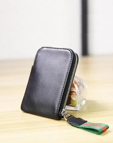 Women Leather Mini Zip Wallet Navy Billfold Slim Coin Wallet Small Zip Change Wallet For Women