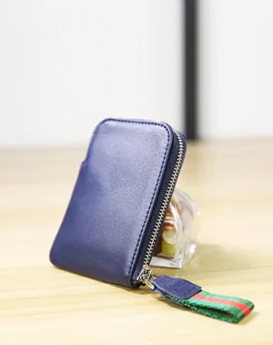 Women Leather Mini Zip Wallet Navy Billfold Slim Coin Wallet Small Zip Change Wallet For Women