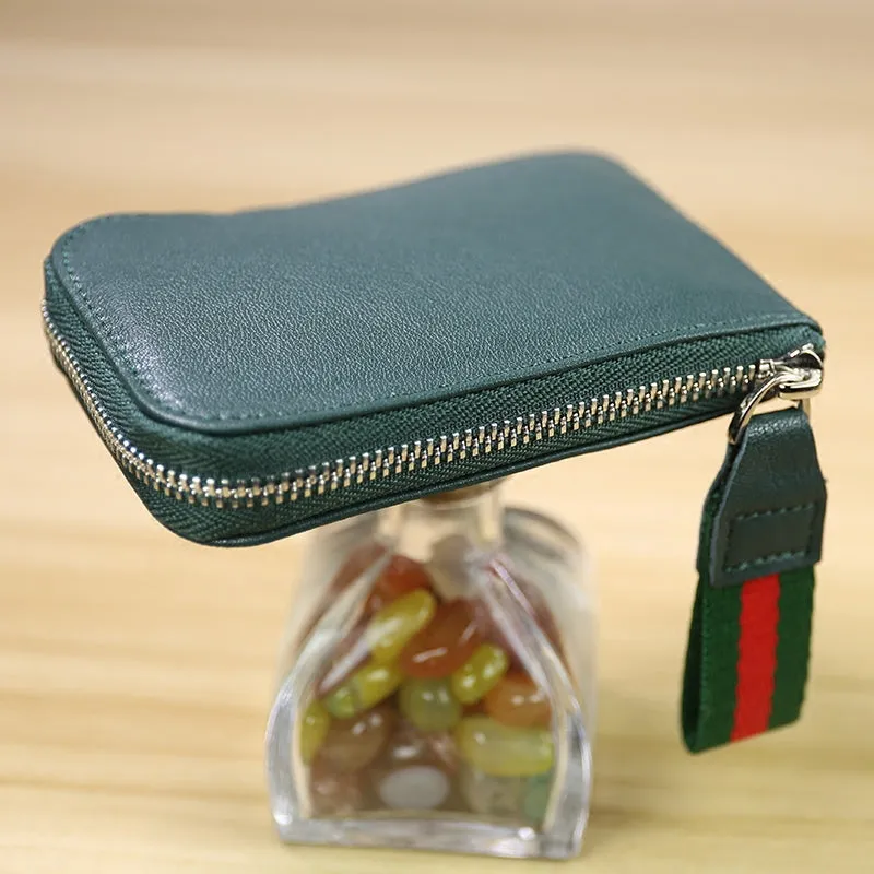 Women Leather Mini Zip Wallet Navy Billfold Slim Coin Wallet Small Zip Change Wallet For Women