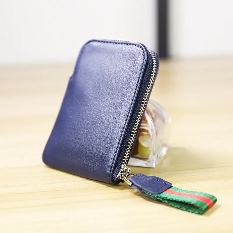 Women Leather Mini Zip Wallet Navy Billfold Slim Coin Wallet Small Zip Change Wallet For Women