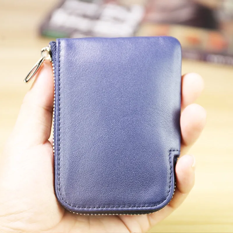 Women Leather Mini Zip Wallet Navy Billfold Slim Coin Wallets Small Zip Change Wallet For Women