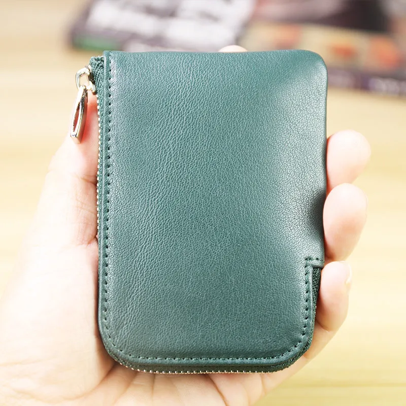 Women Leather Mini Zip Wallet Navy Billfold Slim Coin Wallets Small Zip Change Wallet For Women
