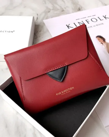 Women Red Leather Small Wallet Envelope Change Wallet Slim Coin Wallet For Women