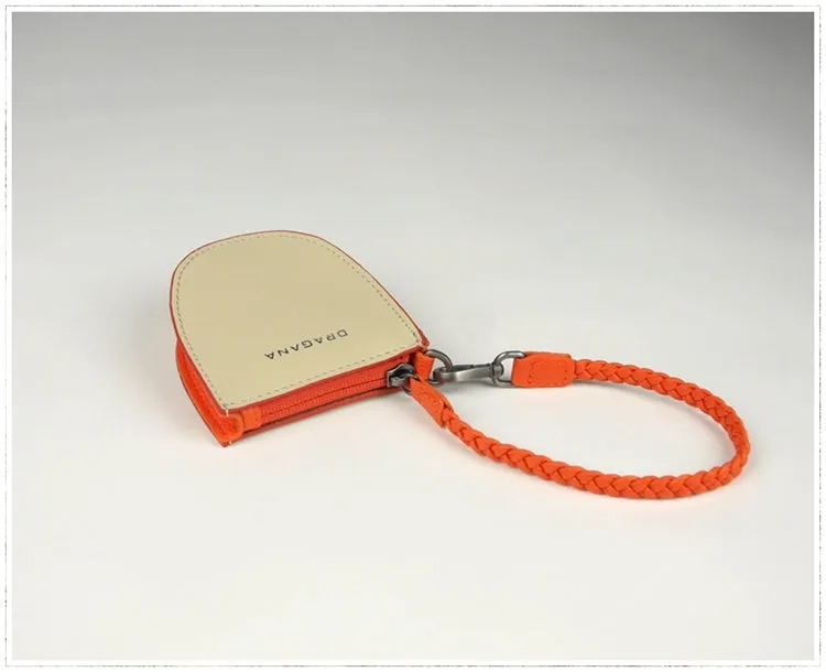 Womens Beige&Orange Leather Coin Zip Wallet with Leather Chain Leather Zip Wristlet Purse for Ladies