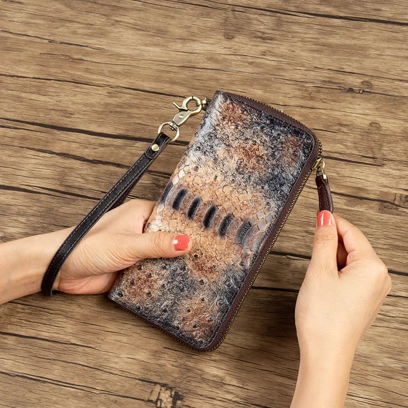 Womens Blue&Yellow Leather Zip Around Wallets Ostrich Pattern Wristlet Wallets Ladies Zipper Clutch Wallet for Women