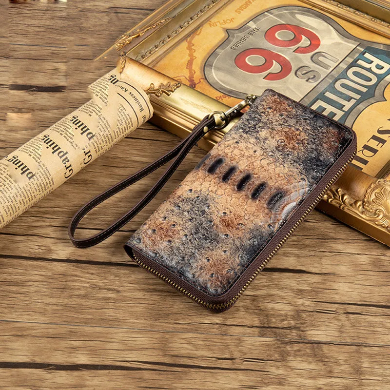 Womens Blue&Yellow Leather Zip Around Wallets Ostrich Pattern Wristlet Wallets Ladies Zipper Clutch Wallet for Women