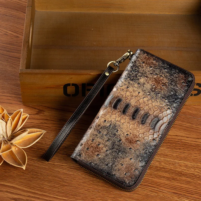 Womens Blue&Yellow Leather Zip Around Wallets Ostrich Pattern Wristlet Wallets Ladies Zipper Clutch Wallet for Women