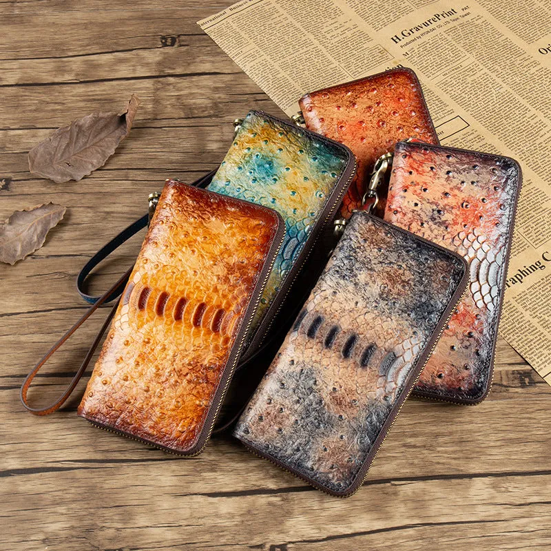 Womens Blue&Yellow Leather Zip Around Wallets Ostrich Pattern Wristlet Wallets Ladies Zipper Clutch Wallet for Women