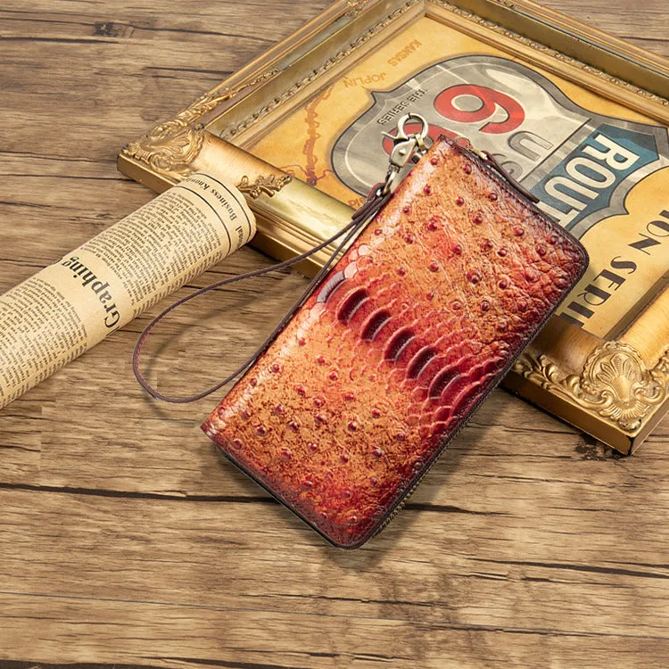 Womens Blue&Yellow Leather Zip Around Wallets Ostrich Pattern Wristlet Wallets Ladies Zipper Clutch Wallet for Women