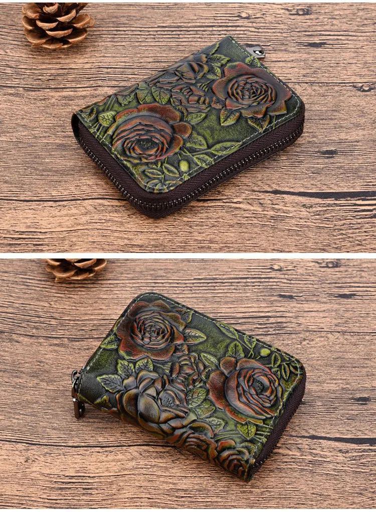 Womens Brown Leather Small Zip Around Wallet Rose Billfold Wristlet Wallet Floral Ladies Zipper Small Card Wallet for Women