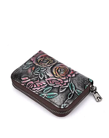 Womens Brown Leather Small Zip Around Wallet Rose Billfold Wristlet Wallet Floral Ladies Zipper Small Card Wallet for Women
