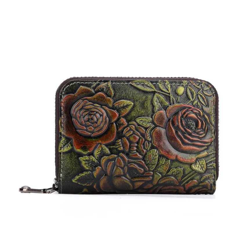 Womens Brown Leather Small Zip Around Wallet Rose Billfold Wristlet Wallet Floral Ladies Zipper Small Card Wallet for Women