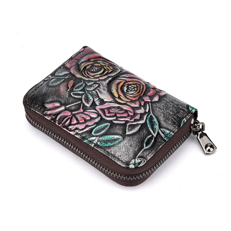 Womens Brown Leather Small Zip Around Wallet Rose Billfold Wristlet Wallet Floral Ladies Zipper Small Card Wallet for Women