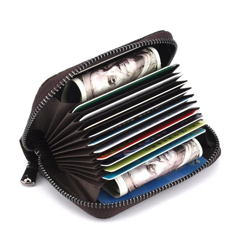 Womens Brown Leather Small Zip Around Wallet Rose Billfold Wristlet Wallet Floral Ladies Zipper Small Card Wallet for Women