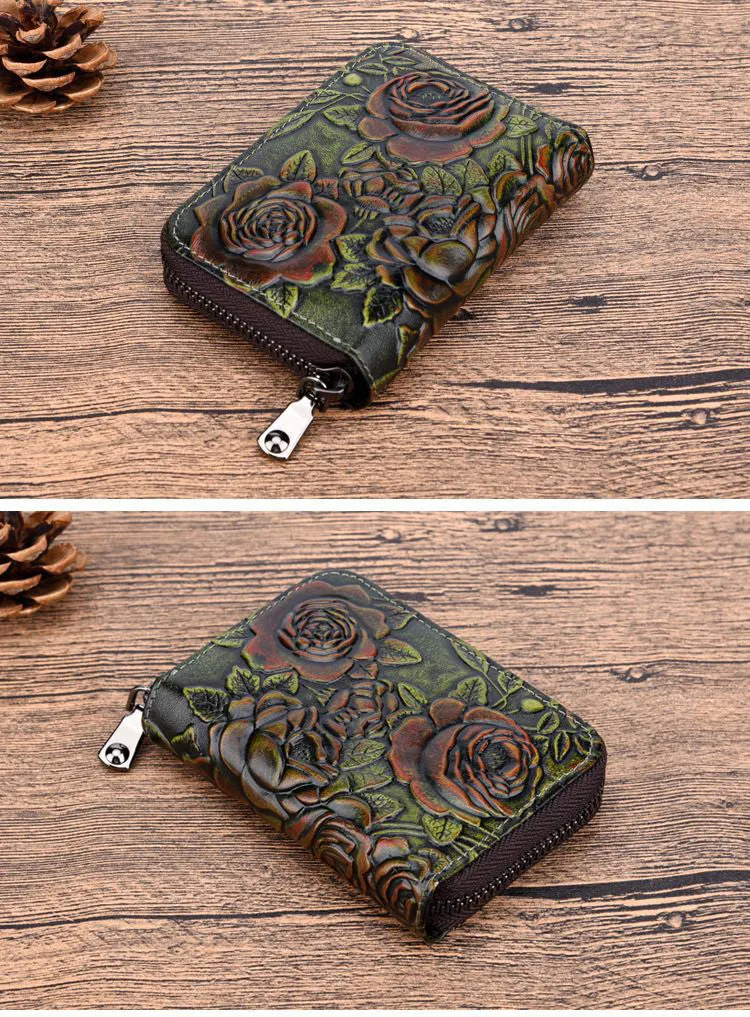 Womens Brown Leather Small Zip Around Wallet Rose Billfold Wristlet Wallet Floral Ladies Zipper Small Card Wallet for Women