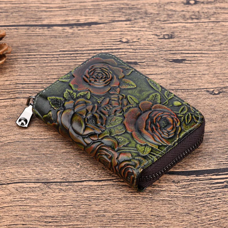 Womens Brown Leather Small Zip Around Wallet Rose Billfold Wristlet Wallet Floral Ladies Zipper Small Card Wallet for Women